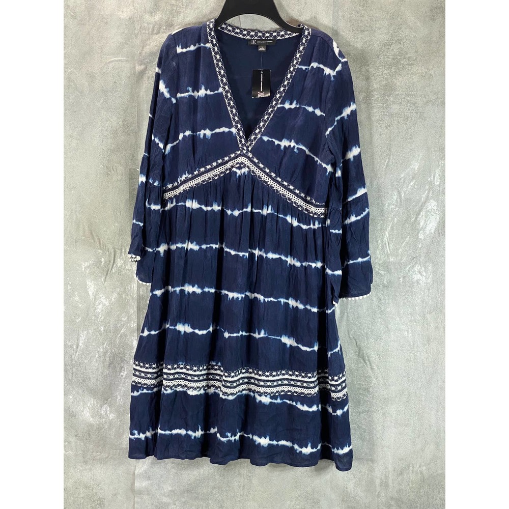 INC International Women's Fiona Tie-Dye V-Neck 3/4 Sleeve Crochet Mini Dress SZS - Picture 2 of 12